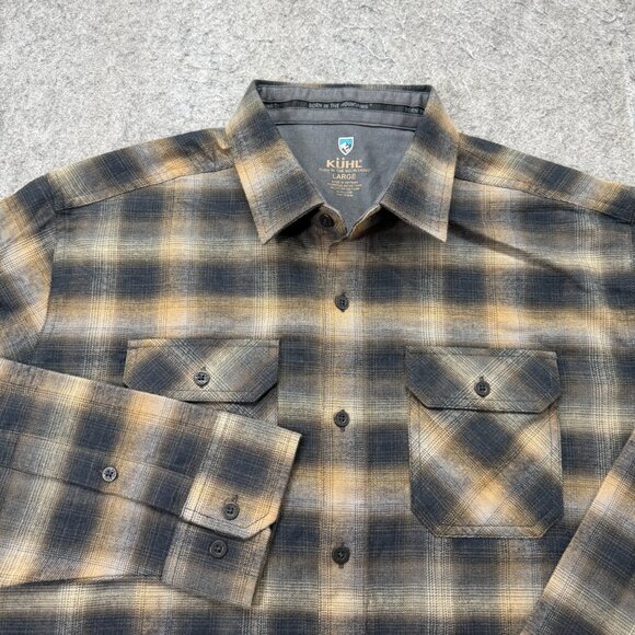 Kuhl Dillingr Flannel Shirt Men L Beige Black Desert Night Plaid Pockets Tencel - Picture 1 of 16